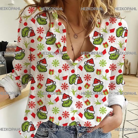 Discover Christmas funny character 3D All Over Printed Women Casual Shirt, funny character Women Linen Shirt, Casual Long Sleeve Button Down Shirt, Blouses For Women