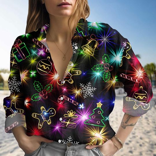 Discover Neon Christmas Lights Blouse Shirt, Festive Holiday Linen-Look Shirt, Neon Light Blouse Women Shirt, Christmas Gift For Her