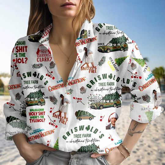 Discover National Lampoons Christmas Vacation Blouse, Griswold Xmas Long Sleeve Shirt, Christmas Tree Farm Casual Shirt, Clark Griswold T-Shirt