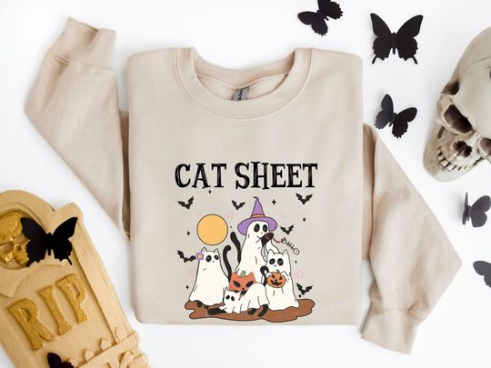 Discover Cat Sheet Sweatshirt, Halloween Cat Sweatshirt, Halloween Cat Lover Sweater