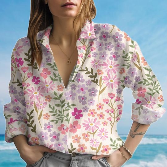 Floral Blouse Shirt, Flower Women Shirt, Casual Spring Summer Lightweight Shirt, Vacation Trip Shirt, Gift For Her