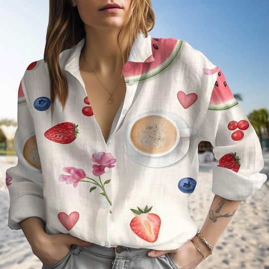 Cute Coffee And Fruit Blouse Shirt, Strawberry, Blueberry, Watermelon Shirt, Summer Brunch Picnic Outfit, Family Trip Shirt, Funny Gift