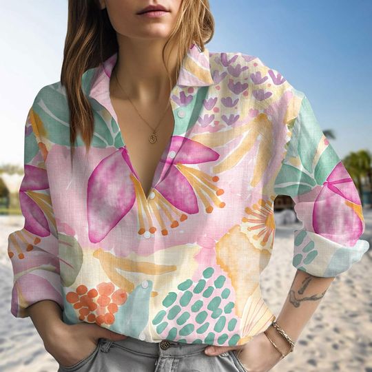 Discover Floral Blouse Shirt For Women, Summer Casual Shirt, Flowers Lovers Women Shirt, Birthday Gift For Her