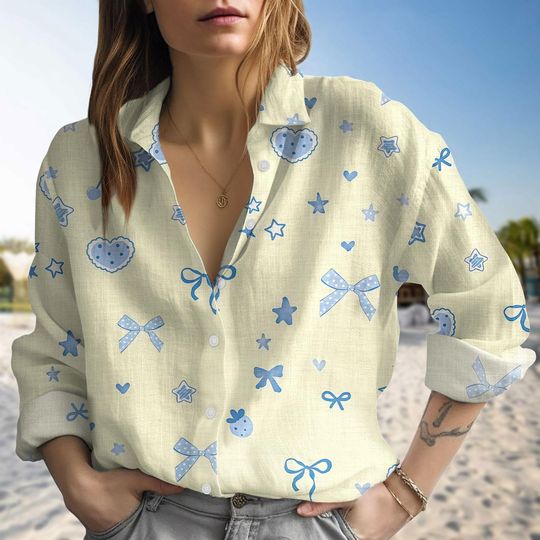 Discover Cute Blue Bow Blouse, Kawaii Star Blouse Women Shirt, Coquette Summer Beach Outfit, Coquette Women Shirt, Gift For Her