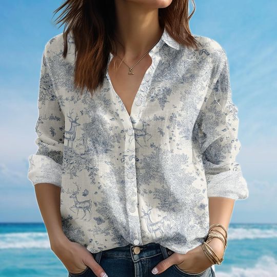 Discover Forest Deer Toile Blouse Shirt, Vintage Nature Women Shirt, Fall Cottagecore Casual Shirt, Elegant Shirt For Women, Birthday Girls Gift