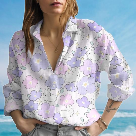 Bunny And Wildflowers Blouse, Flower Lover Shirt, Women Floral Blouse Shirt, Cute Bunny Fan Shirt, Cute Vibes Shirt, Gift For Her