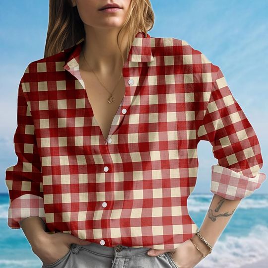 Gingham Check Blouse Shirt, Plaid Women Blouse, Retro Country Girl Fall Casual Shirt, Gift For Her