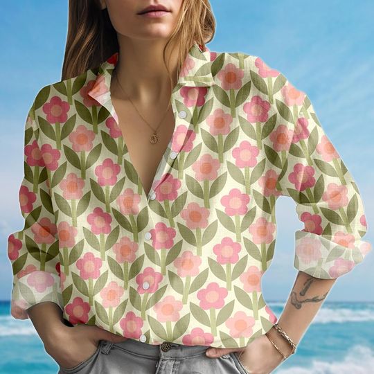 Retro Floral Blouse Shirt, Mod Botanical Casual Shirt, Vintage Summer Cottagecore Shirt, Gift For Her