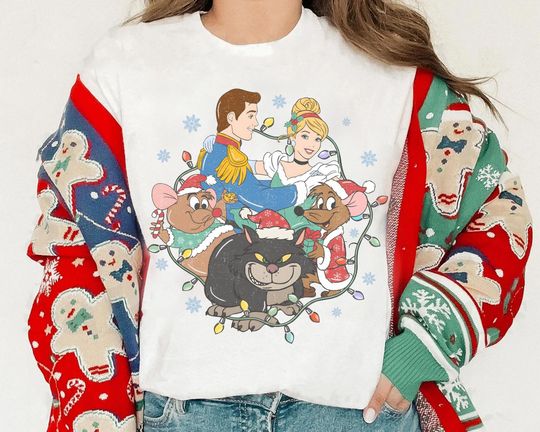 Discover Disney Cinde Group Christmas Lights Shirt, Disney Cinde Jaq And Gus Christmas Lights Tee, Disneyland Family Christmas Trip Shirt