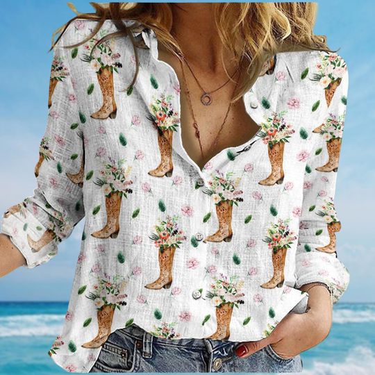 Discover Floral Cowboy Boots Blouse, Flowers Women Shirt, Nature Lovers Shirt, Tropical Long Sleeve Shirt, Cute Blouse Women, Gift For Her