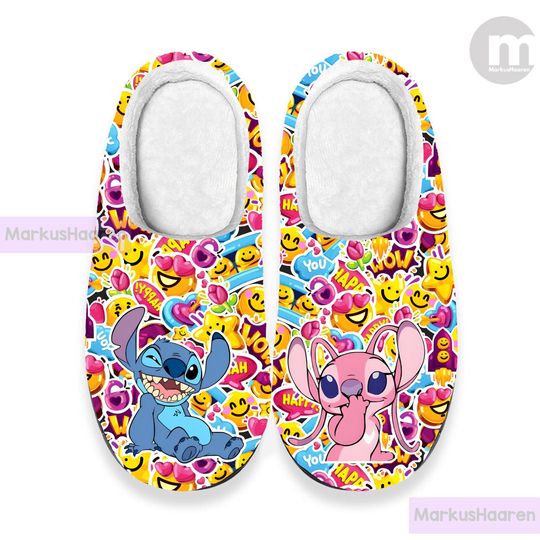 Discover Personalized Stitch and Angel 3D All Over Print Slipper, Cartoon Winter Slipper, Cotton Slipper, Custom Rubber Slipper, Christmas Slippers