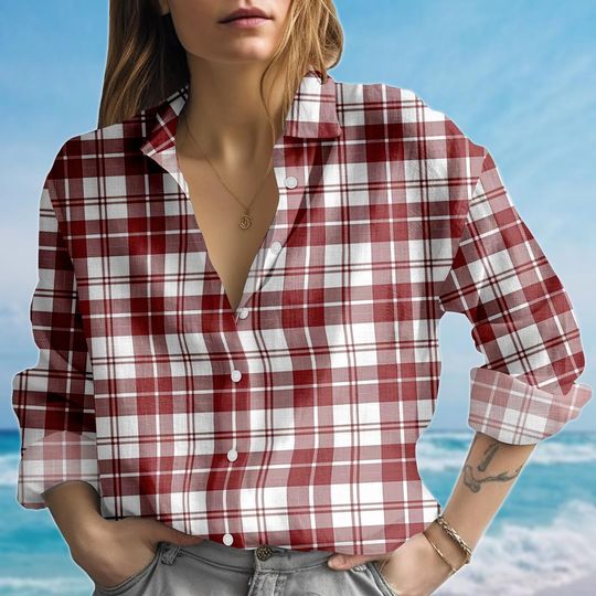 Discover Red White Plaid Blouse Shirt, Classic Gingham Check Shirt, Vintage Casual Long Sleeve Shirt, Fall Flannel Style Shirt, Gift For Her