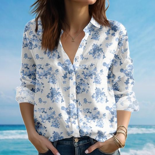 Discover Blue Floral Blouse Shirt, Vintage Rose Women Shirt, Elegant Summer Shirt, Garden Picnic Shirt, Family Vacation Shirt, Gift For Her