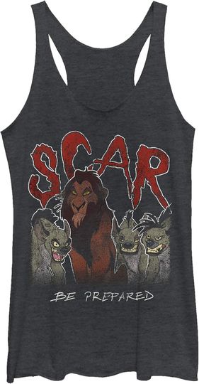 Fifth Sun Women's Black Heather Racerback Tank Top with Lion King Scar and The Hyenas Design