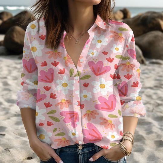 Discover Floral Blouse Shirt For Women, Summer Blouse Button Up Shirt, Big Daisy Women Shirt, Cute Retro Beach Outfit Gift Idea