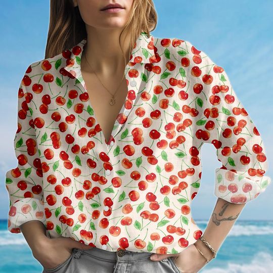 Cherry Blouse Women Shirt, Fruit Casual Shirt, Summer Cute Shirt, Women Cottagecore Shirt, Birthday Gift For Her