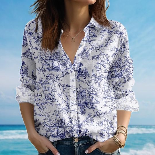Discover Toile De Jouy Blouse Shirt, Vintage Women Shirt, French Style Floral Shirt, Cottagecore Shirt For Women, Birthday Gift For Her