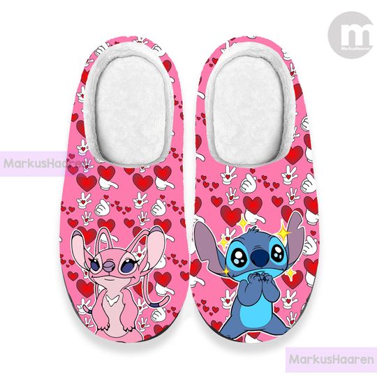 Discover Personalized Cartoon Stitch and Angel 3D All Over Print Slipper, Winter Slipper, Cotton Slipper, Custom Rubber Slipper, Christmas Slippers