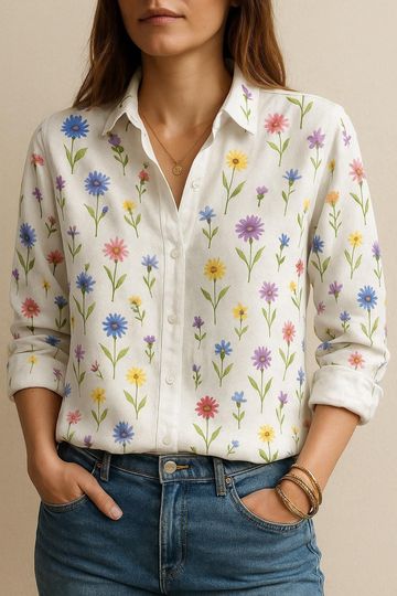 Discover Multicolor Wildflower Blouse, Botanical Floral Button Down Blouse, Lightweight Garden Top, Cottagecore Shirt For Women, Funny Gift