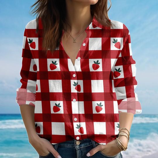 Strawberry Gingham Blouse Shirt, Plaid Fruit Shirt, Cute Summer Picnic Shirt, Retro Cottagecore Shirt, Gift For Her
