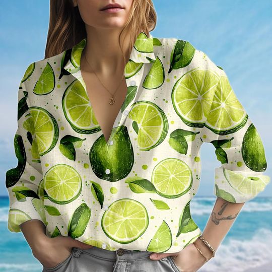Discover Green Lime Blouse Shirt, Citrus Fruit Women Shirt, Vibrant Summer Lime Print Top, Fresh Tropical Shirt For Women, Gift For Her