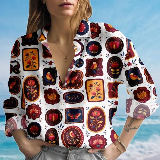 Discover Folk Art Bird Blouse Shirt, Boho Floral Women Shirt, Retro Butterfly Casual Shirt, Vintage Patterned Women Blouse Shirt, Gift For Her