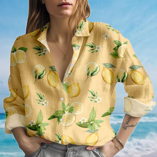 Lemon Blouse Shirt, Citrus Fruit Women Shirt, Summer Shirt, Lemon Print Shirt For Women, Gift For Her