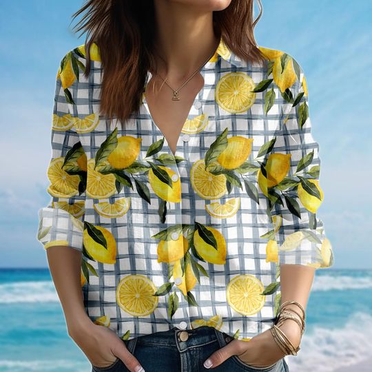 Lemon Plaid Blouse Shirt, Citrus Casual Shirt, Fresh Summer Fruit Shirt, Gingham Lemon Print Shirt For Women, Gift For Her