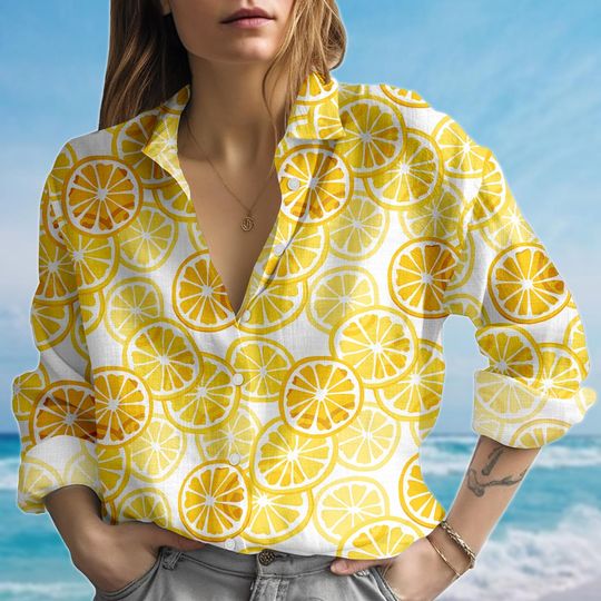 Citrus Lemon Orange Blouse Shirt, Fruit Women Shirt, Summer Fresh Shirt, Zesty Casual Shirt For Women, Birthday Gift For Her