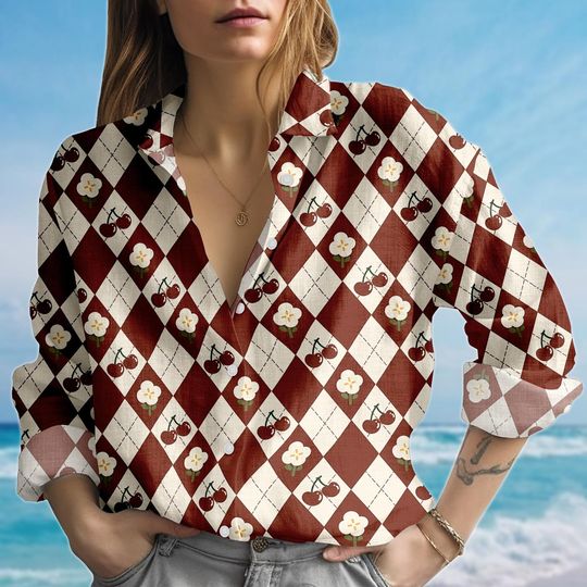Cherry Argyle Blouse Shirt, Checkered Women Shirt, Cute Fruit Floral Shirt, Cottagecore Picnic Shirt For Women, Gift For Her