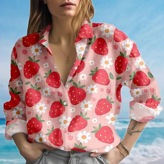 Discover Strawberry Floral Blouse Shirt, Cute Red Fruit Women Shirt, Summer Berry Casual Shirt, Funny Fruit Shirt For Women, Gift For Her