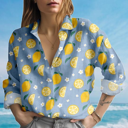 Lemon Blouse Shirt, Citrus Women Shirt, Summer Fruit Casual Shirt, Cute Lemon Floral Cottagecore Shirt, Birthday Gift For Her