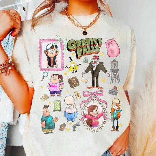 Discover Disney Channel Coquette Bows Gravity Falls Characters Shirt, Channel Game Dipper Mabel Bill Cipher Outfits, Disneyland Trip Family Shirt