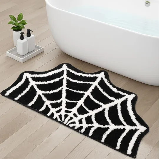 Discover Spider Web Bath Mat, Gothic Halloween Rug, 31"x20" Black 2'7" (Round),