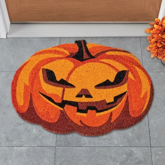 Discover Jack O' Lantern Shaped Halloween Coir Door Mat Fall Pumpkin Non-Slip Accent Rug