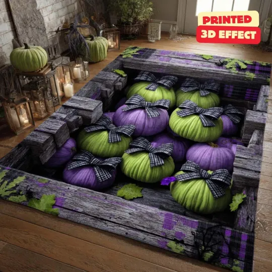 Discover Pumpkin Pit 3D Rug, Green & Purple Halloween Area Rug, 3D Pumpkin Illusion Rug,