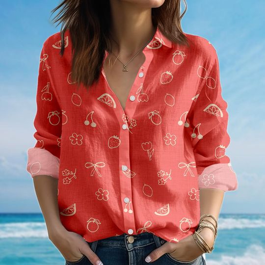 Cute Fruit Blouse Shirt, Bows And Flowers Women Shirt, Minimalist Strawberry Cherry Shirt, Women Casual Shirt, Birthday Gift For Her