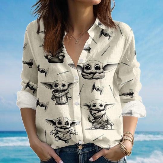 Discover Baby Yoda Blouse Shirt, Cute Grogu Women Shirt, Star Wars Movie Shirt, Sci Fi Shirt For Women, Casual Shirt, Disney Halloween Gift