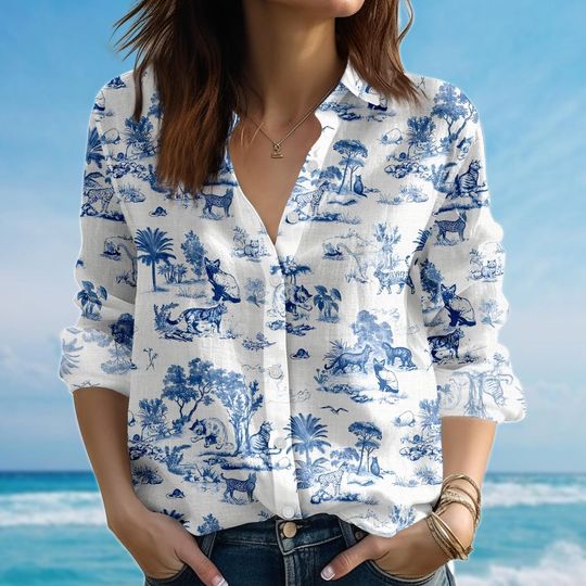 Discover Blue Safari Animal Blouse Shirt, Wildlife Women Shirt, Jungle Animal Shirt, Summer Safari Shirt For Women, Birthday Gift For Her