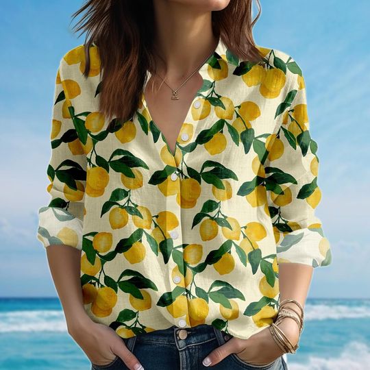 Cute Lemon Blouse Shirt, Citrus Women Shirt, Mediterranean Fruit Casual Shirt, Summer Garden Shirt, Gift For Her