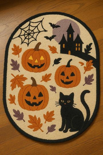 Hand Tufted Halloween Rug | Oval Black Cat & Pumpkin Carpet | Autumn Leaves Fall Decor Mat kid's room