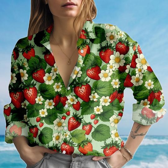 Strawberry And Flowers Blouse Shirt, Cute Fruit Women Shirt, Summer Vacation Shirt, Funny Gift