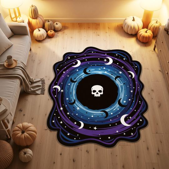 Galaxy Skull Rug: Witchy Crescent Moon & Stars Halloween Decor