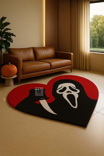 8x8ft/7x7ft/6x6ft Heart Shaped Horror Rug  Handmade Tufted Carpet  Red & Black Halloween Home Decor,Ghost Face Art Carpet for Living Room