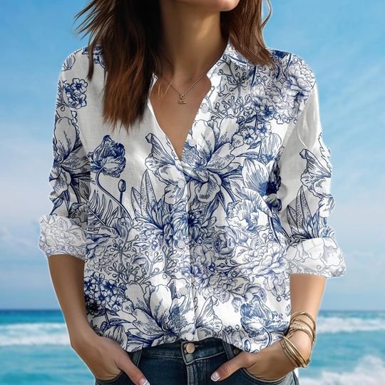 Discover Blue Floral Blouse Shirt, Porcelain Long Sleeve Shirt, Vintage Botanical Shirt, Lightweight Spring Shirt For Women, Gift For Her