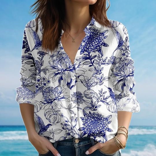 Floral Blouse Shirt, Vintage Navy Botanical Shirt, Summer Cottagecore Garden Shirt, Flowers Lovers Shirt, Birthday Gift For Her