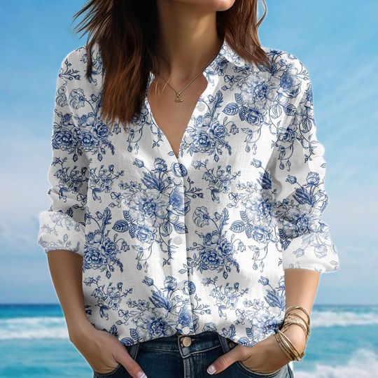 Floral Blouse Shirt, Vintage Rose Women Shirt, Retro Soft Summer Shirt For Women, Cottagecore Casual Shirt, Birthday Gift For Her