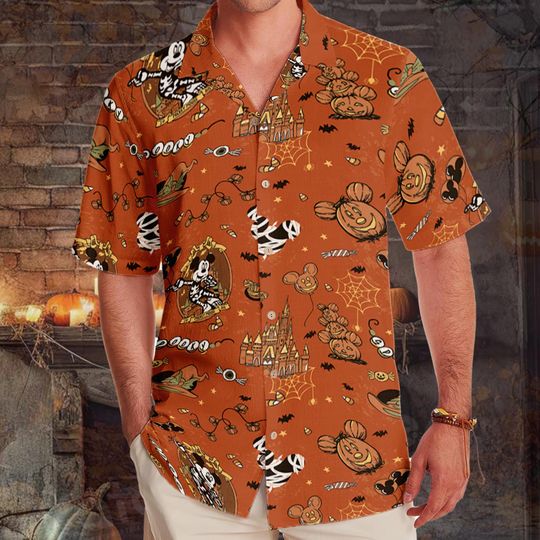 Discover Vintage Mickey Pumpkin Skeleton Hawaiian Shirt, Disney Halloween Castle Hawaii Shirt, Spooky Disney Outfit, Disneyland Halloween Party
