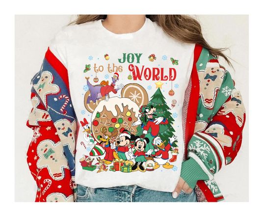 Discover Disney Mickey and Friends Joy To The World Christmas Shirt, Vintage Mickey Mouse Christmas Shirt, Disneyland Christmas Family Matching Shirt