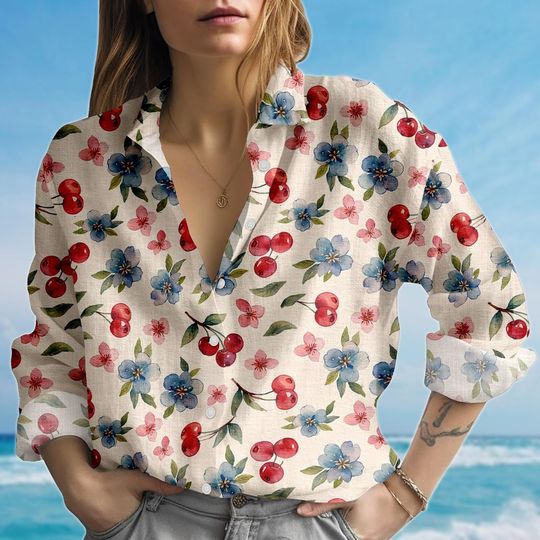 Vintage Cherry Blouse Shirt, Fruits Women Shirt, Flowers Casual Shirt, Family Vacation Shirt, Floral Shirt, Birthday Gift For Her